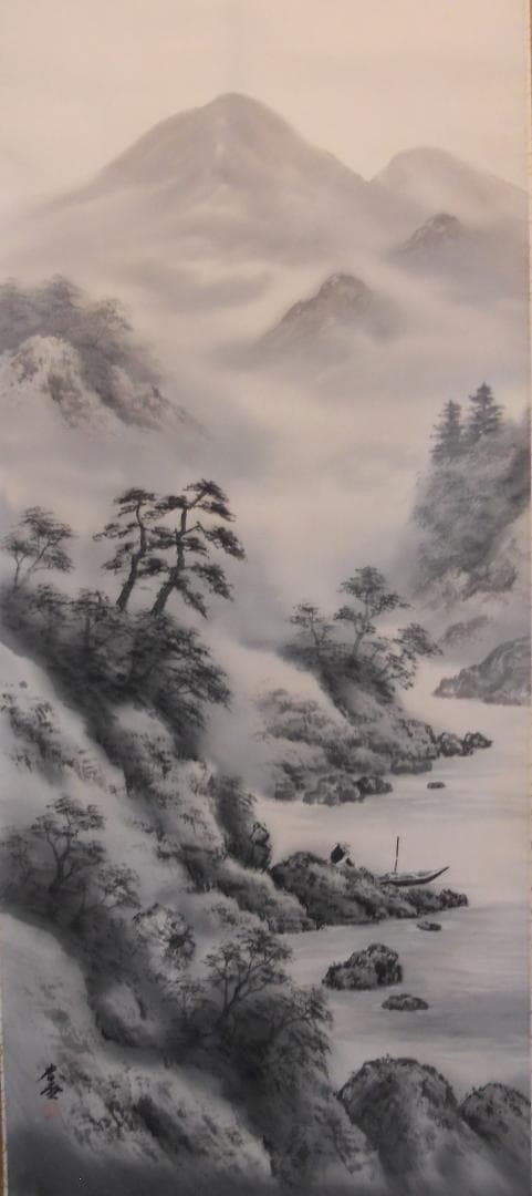 掛け軸 春雪 水墨山水 絹本 希少 軸装 茶道具 掛軸 美品 です。