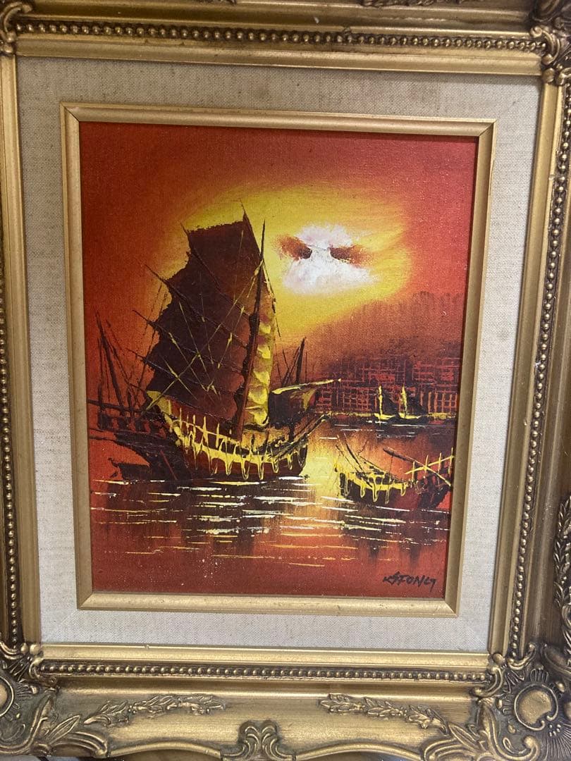 油彩画 船の風景 L. Stoney