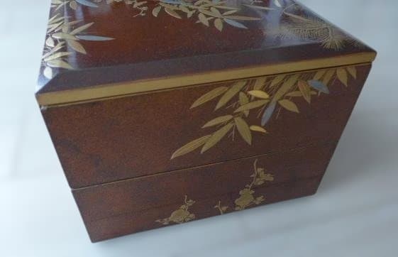 金箔装飾 竹模様 漆器 2段 重箱 木製漆器 時代物 螺鈿 松竹梅 高価な逸品