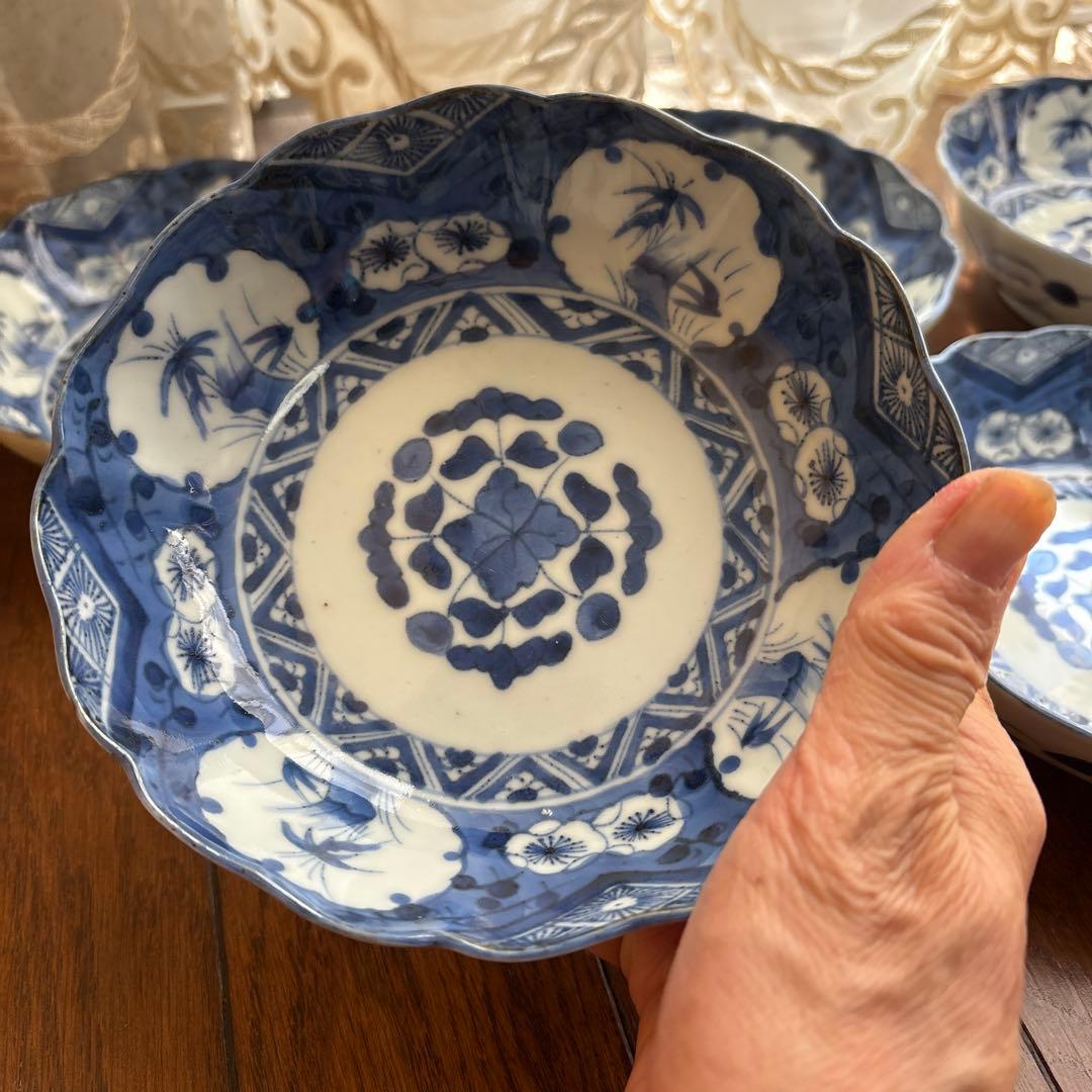 期間限定最終処分特価逸品古伊万里染付なます皿五枚吉祥柄大きめ味わい深いお品物傷無