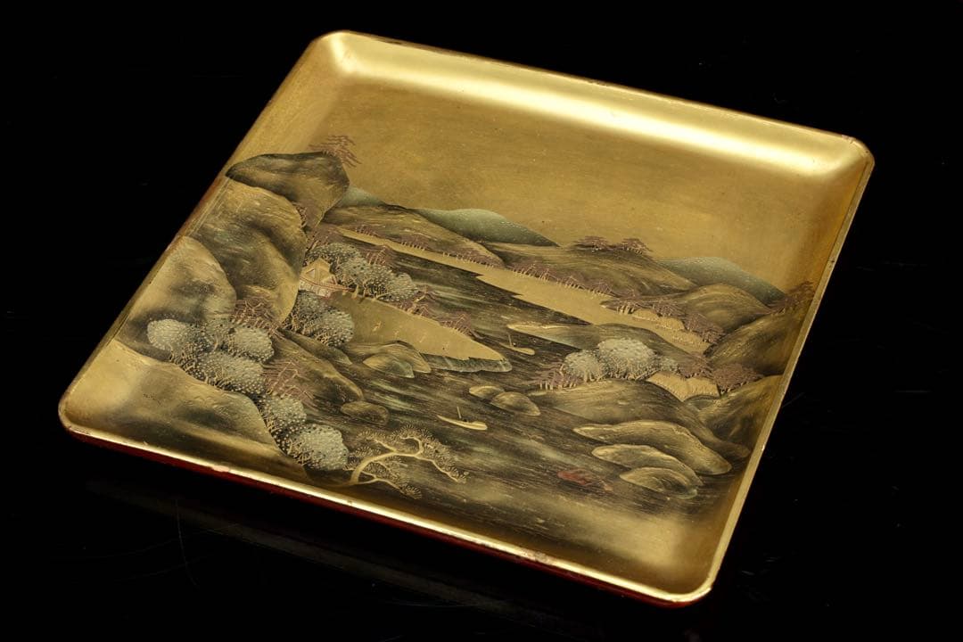 光月銘 蒔絵 山水図 四方盆 金地 風景 蒔絵盆 漆芸 盆 古美術品 骨董品