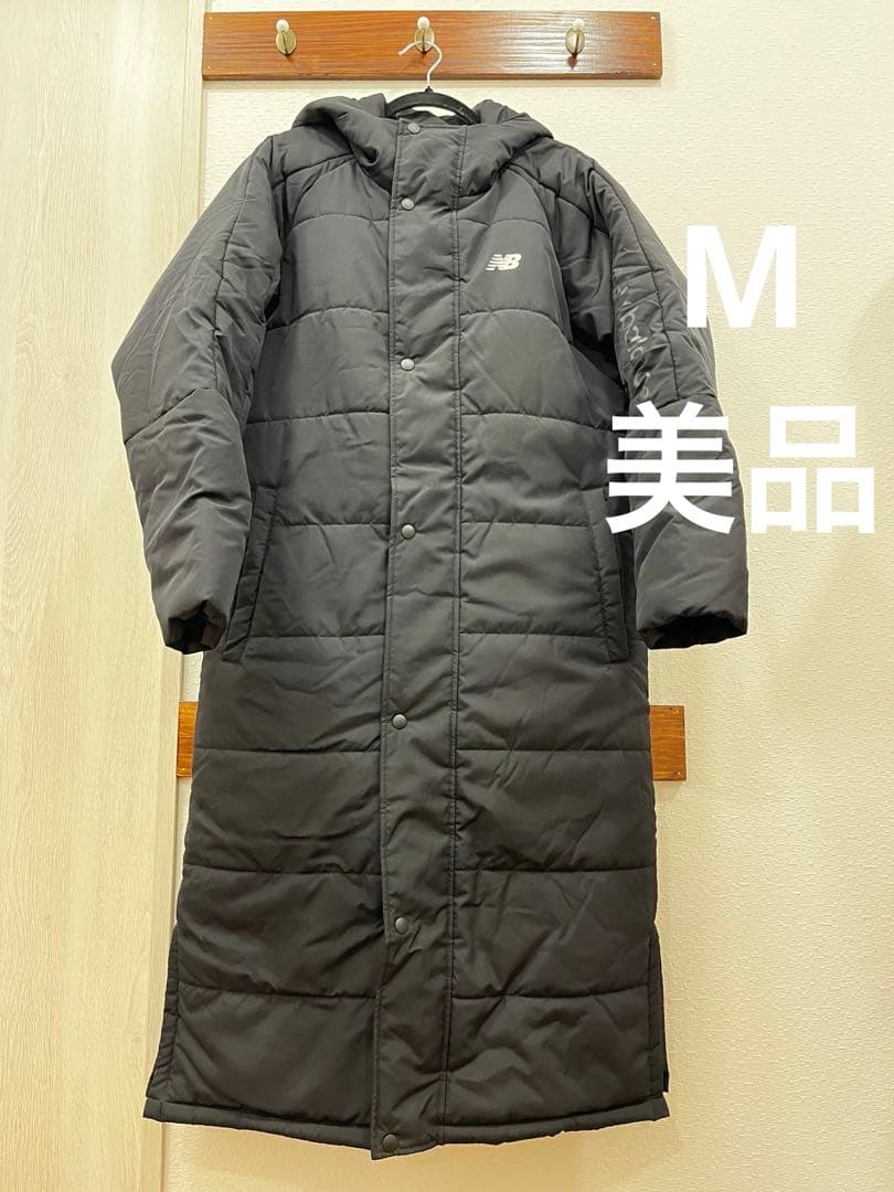 美品 ニューバランス フード ロゴ ロング ベンチコート ジャケット ブラックM