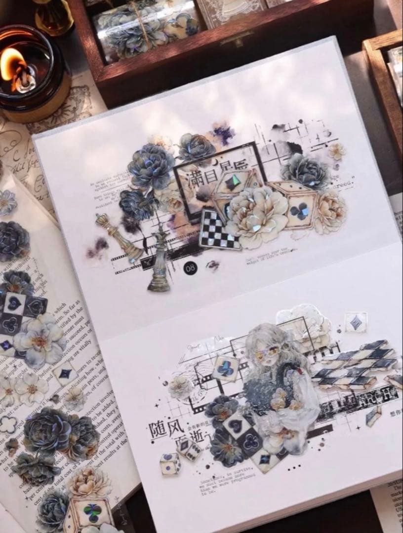 贝壳光 6cm×6m 黑白奕梦 海外マスキングテープ　海外マステ　花　トランプ