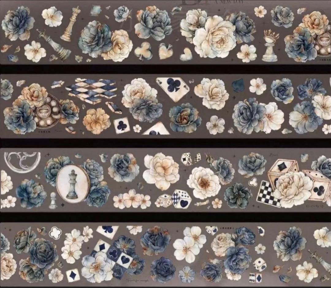 贝壳光 6cm×6m 黑白奕梦 海外マスキングテープ　海外マステ　花　トランプ