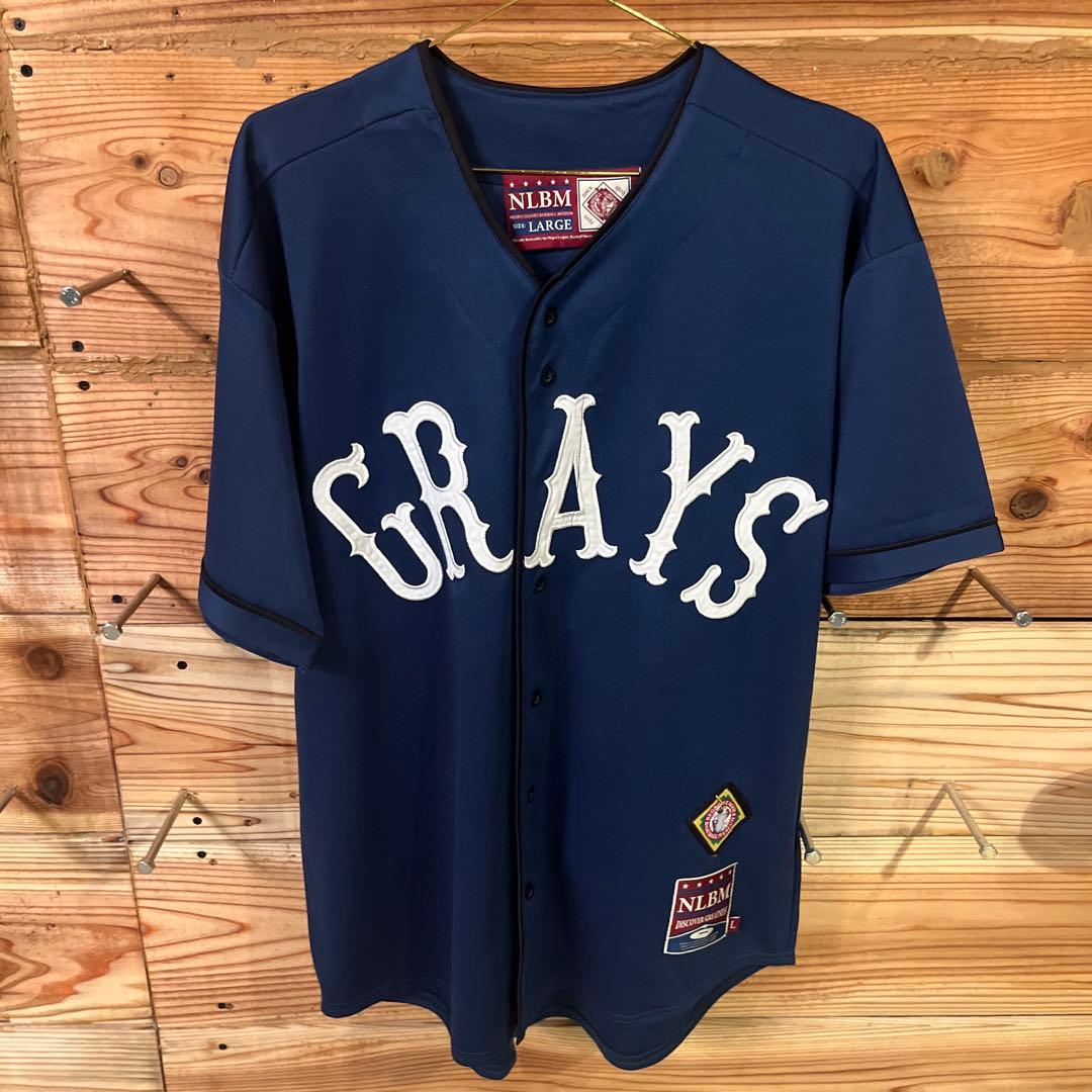 【希少】NLBM ニグロリーグ ベースボールシャツ GRAYS 刺繍ロゴ L 紺