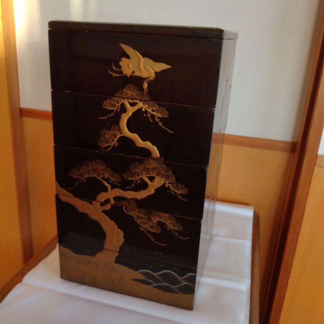 重箱5段 木製 漆器 松に鶴 翁と嫗 変え蓋付 木箱付 金彩 蒔絵 【送料込】