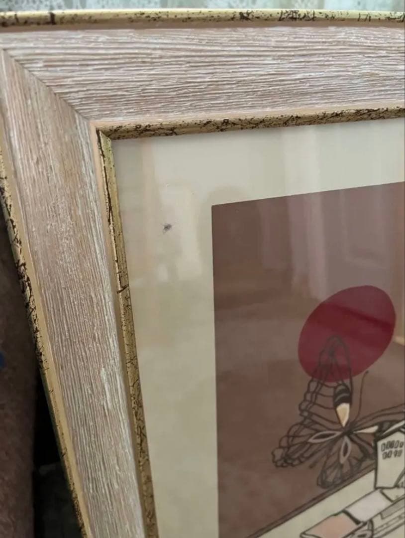 希少　シルクスクリーン　限定版　サイン、ED有　アンティーク額　ジニー・キム　蝶