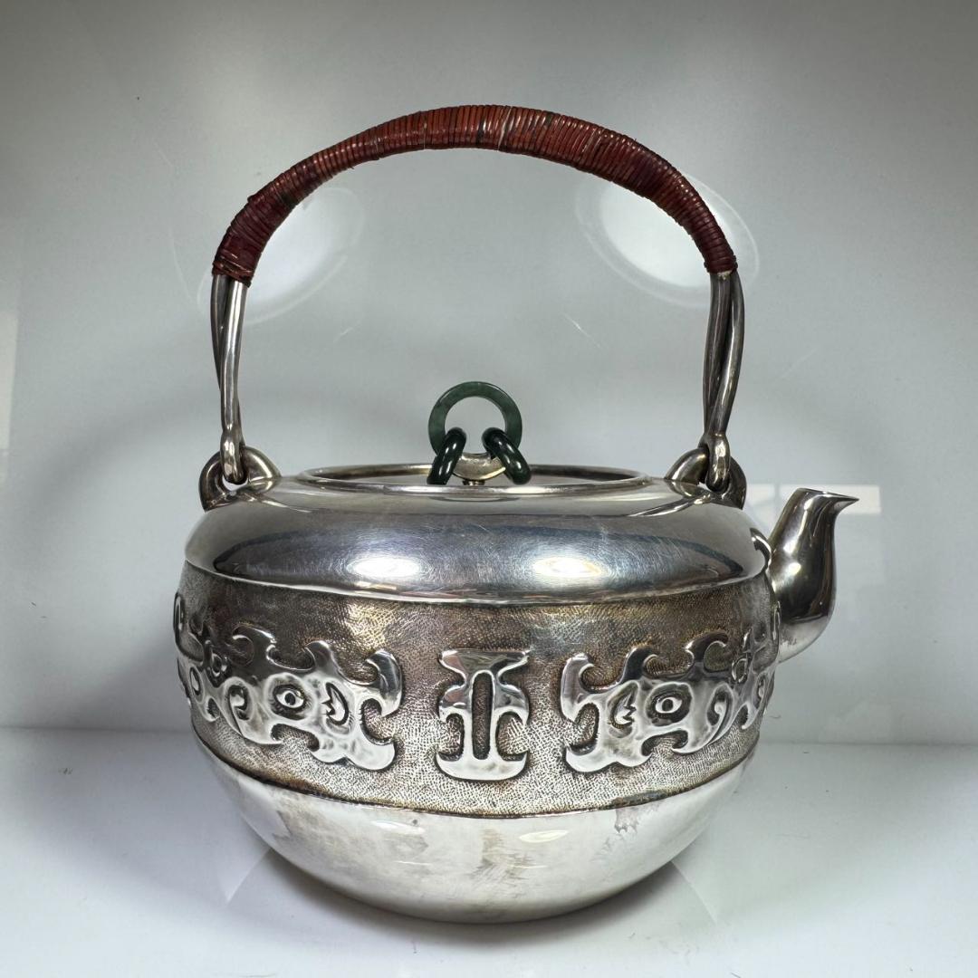 純銀製 蔵六 湯沸 貴石摘 銀瓶 箱付 古美術品 純銀保証 湯沸 やかん