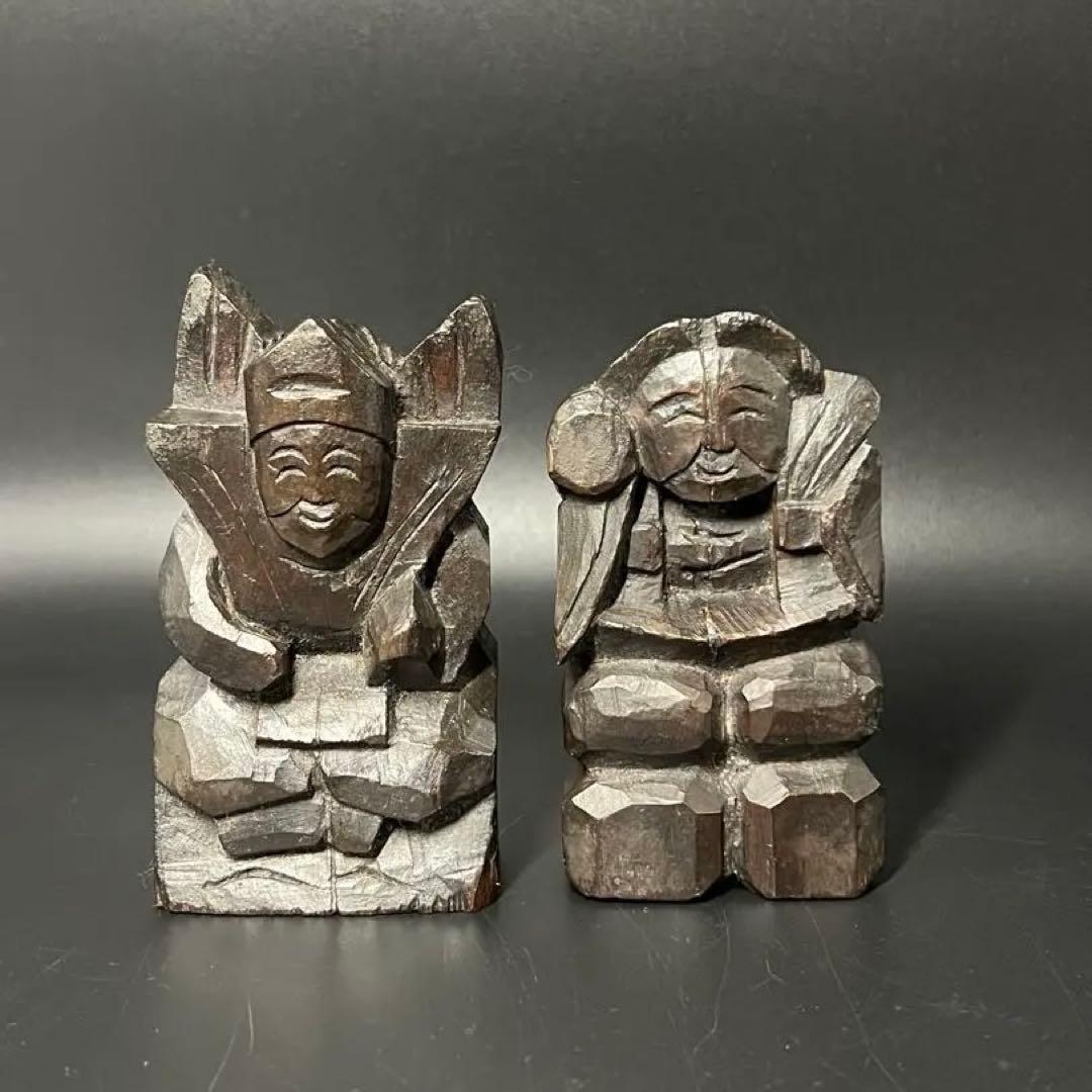時代物 木彫 恵比寿大黒 一対｜縁起物 商売繁盛 福神 置物◎古道具庵々
