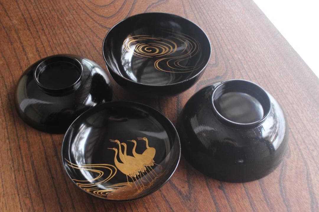 時代逸品！端正な黒漆に優美な光琳鶴蒔絵の映えるお椀2点（検輪島塗蒔絵椀