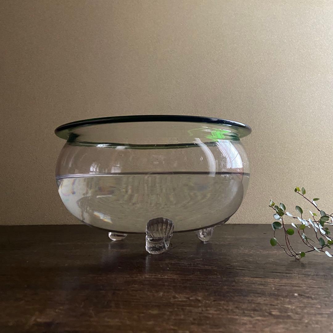 大正〜昭和初期　大正ガラス　吹き硝子　三脚金魚鉢　脚付　希少品