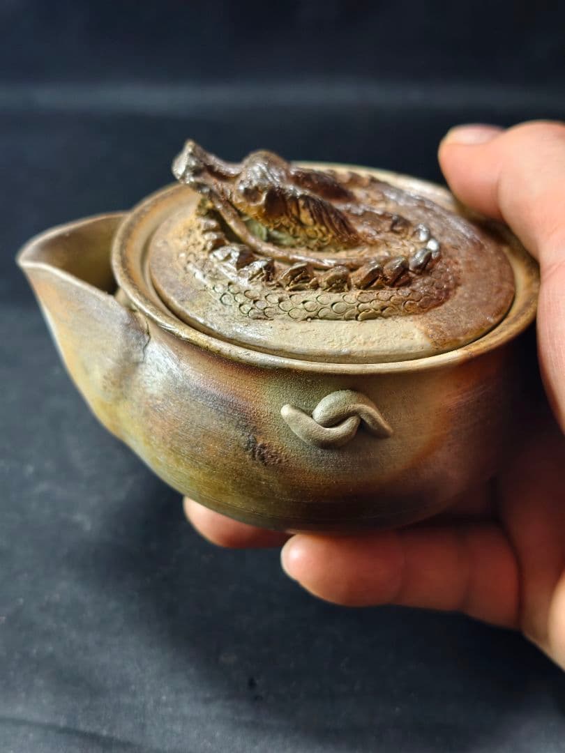 茶道具 備前焼窯変宝瓶急須 盤竜蓋 在銘 桐箱 作家物 未使用美品 火襷 蔵出し