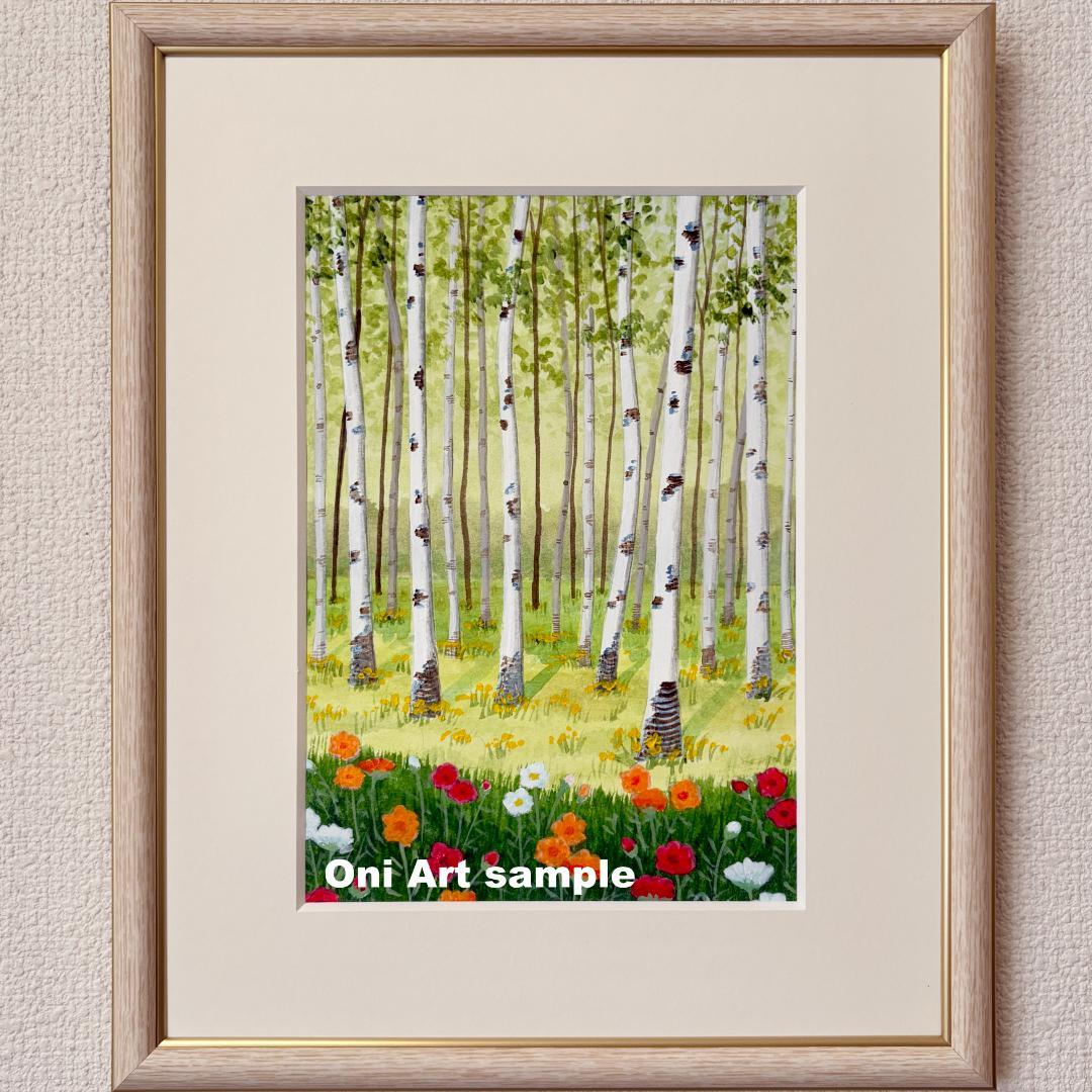 アクリル画　原画　「白樺林02」額縁付き　SMサイズ　風景画