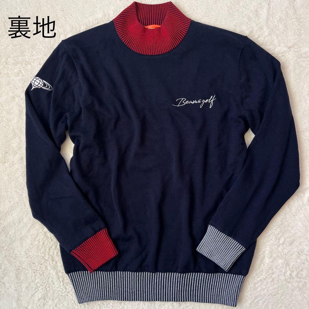 【防風/裏地付】BEAMS GOLF パネル モックネック ニット ネイビー M