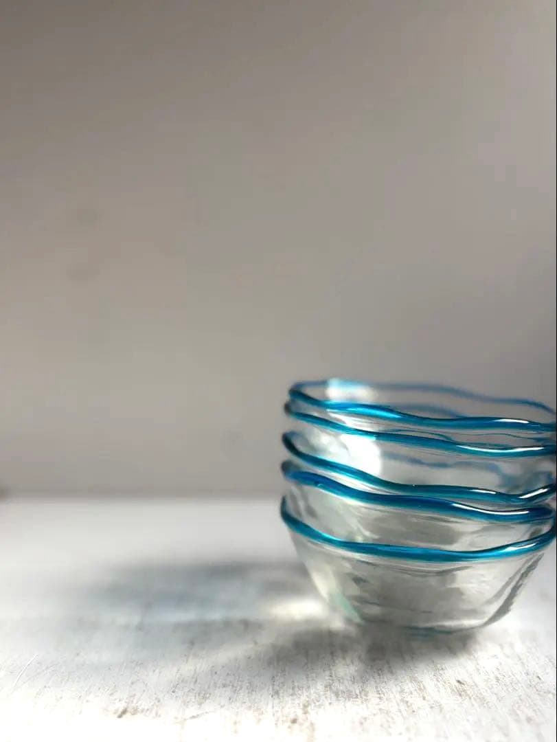 824 民芸 工芸 倉敷ガラス 色口巻き輪花小鉢 5枚組 ブルー 美品