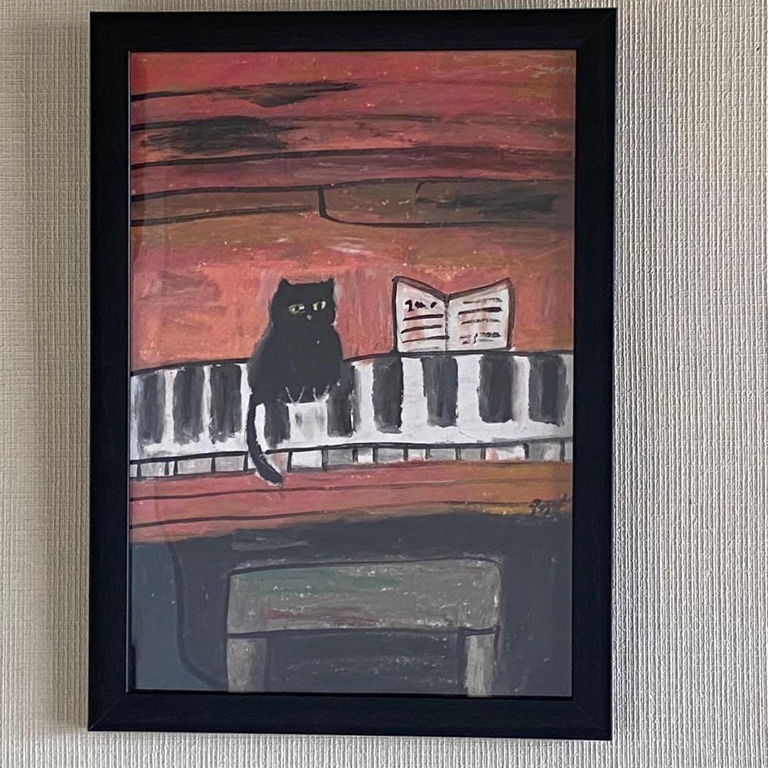 絵画。壁掛け原画【ピンクのピアノ童話とかわいい黒猫】