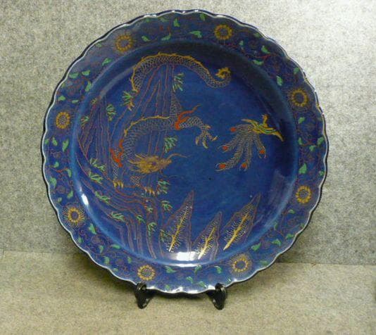 伊万里焼瑠璃釉龍に鳳凰図大皿 [B31626]