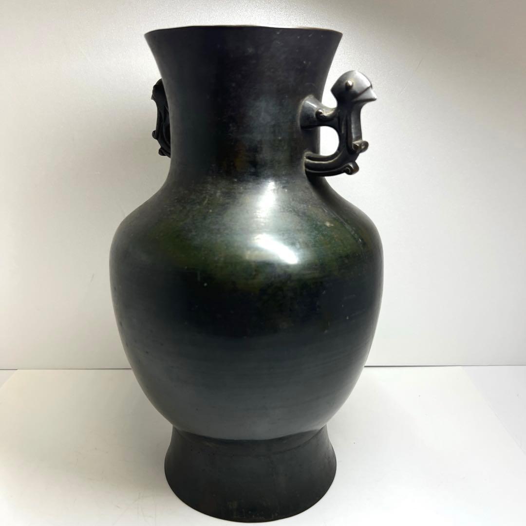 中国清時代　鳥耳付古銅花瓶　高さ約33.5㎝　3462g 東Y7-1106☆2F