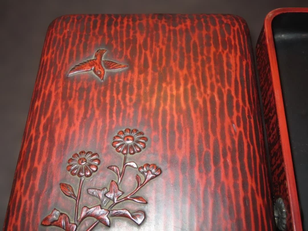 時代漆工芸【寸松堂 佐藤宗岳 造】共箱附・花鳥図　鎌倉彫文箱・蓋物 伝統工芸