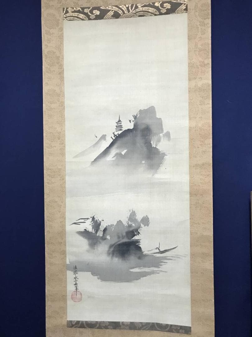【真作】狩野安信/山湖図/山湖漁舟図/掛軸/名家伝来/AB-892