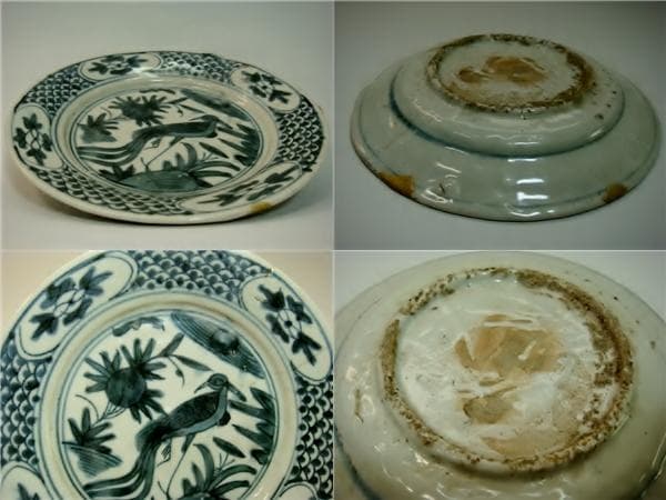 皿■孔雀紋 呉須染付 花唐草 中国 明～清 広東・福建省 古玩 唐物 時代物■