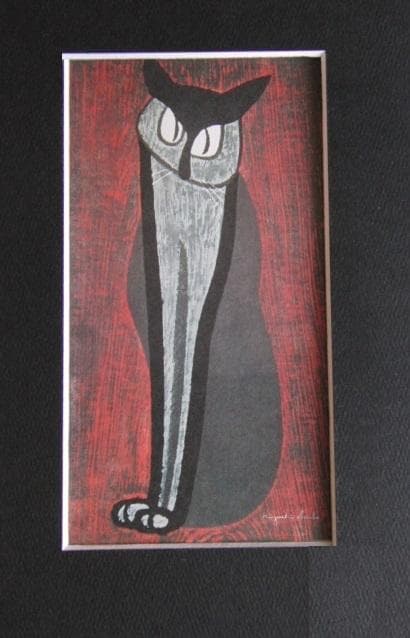 斎藤清、「凝視（猫）」、希少な画集の額装画、オーダーマット付・日本製新品額入り