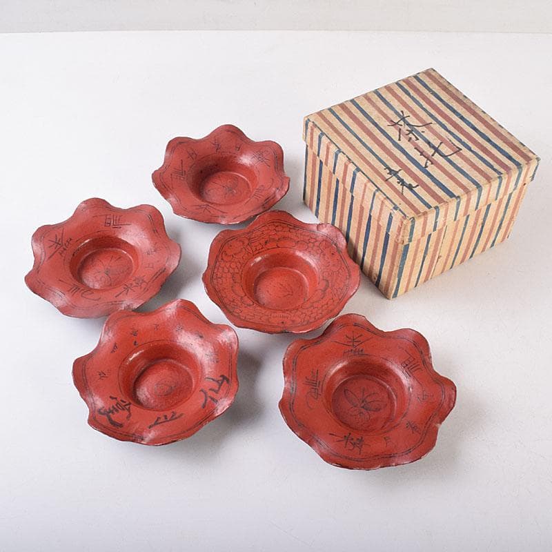 煎茶道具　唐物　朱塗　漢詩蝶文　花形茶托　五客　V　R8888