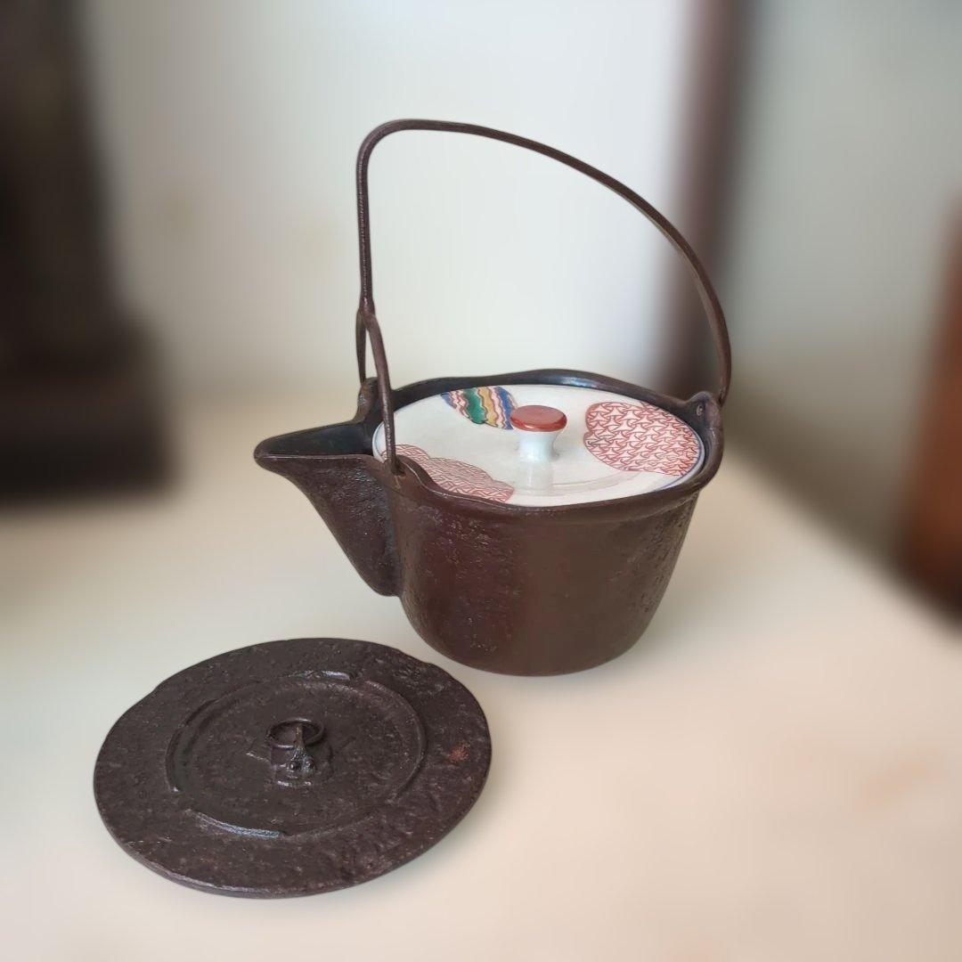 骨董　燗鍋　燗付　鋳鉄製　替蓋　酒器　茶道具　陶器蓋付き