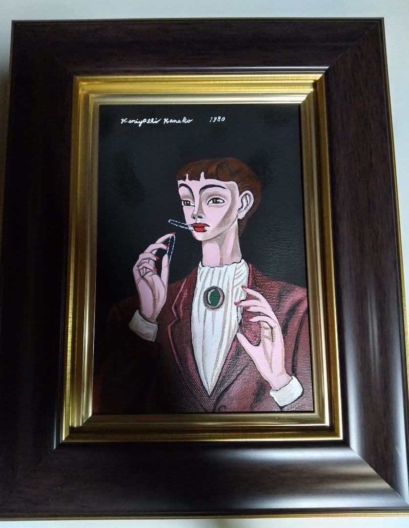 金子國義、絵画、油彩、SM号、ピンオを噛む女、新品額縁、肉筆、鴨居玲、宮永岳彦。