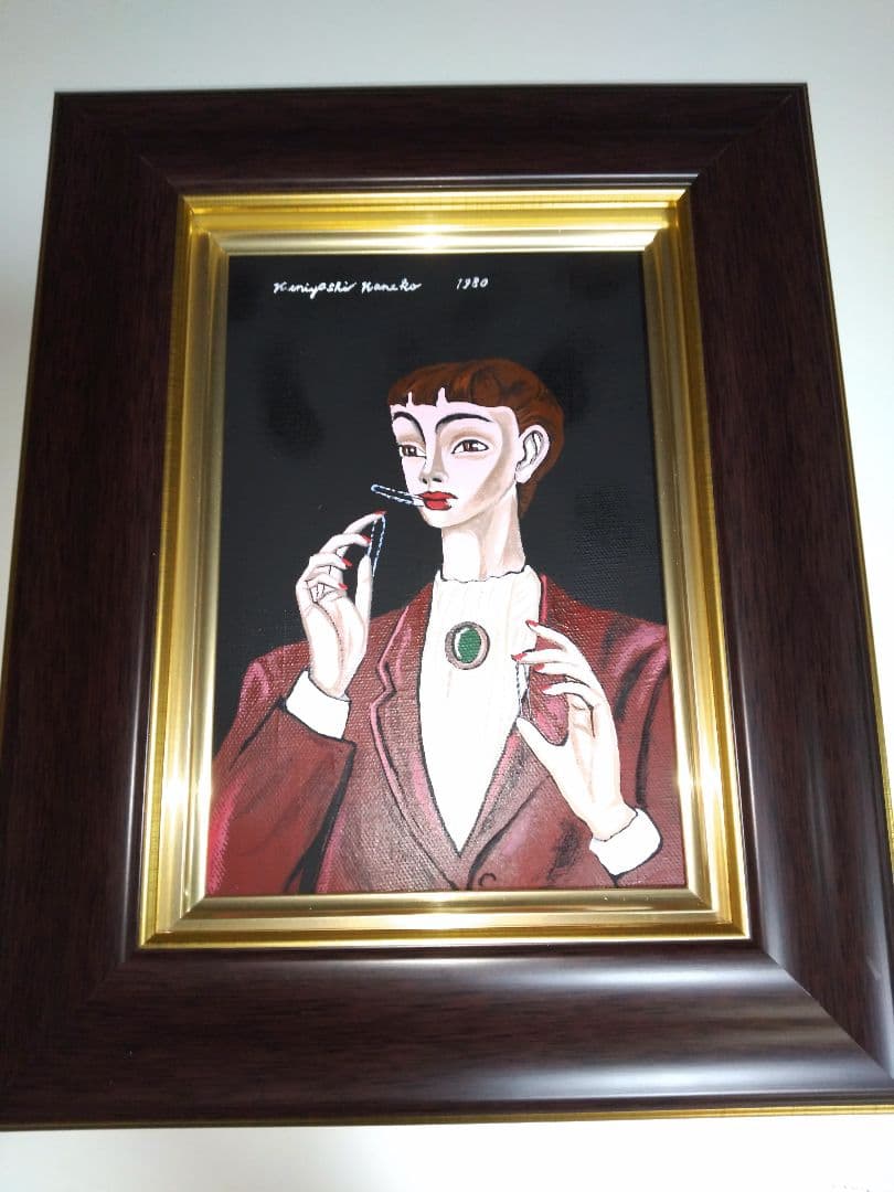 金子國義、絵画、油彩、SM号、ピンオを噛む女、新品額縁、肉筆、鴨居玲、宮永岳彦。