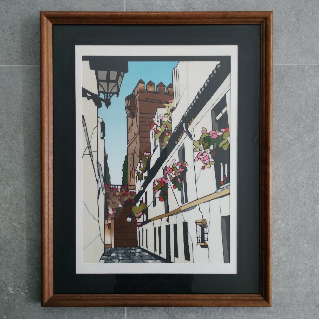 切り絵アート　スペインの街並み　海外風景画　貼り絵　額装　花のある街角