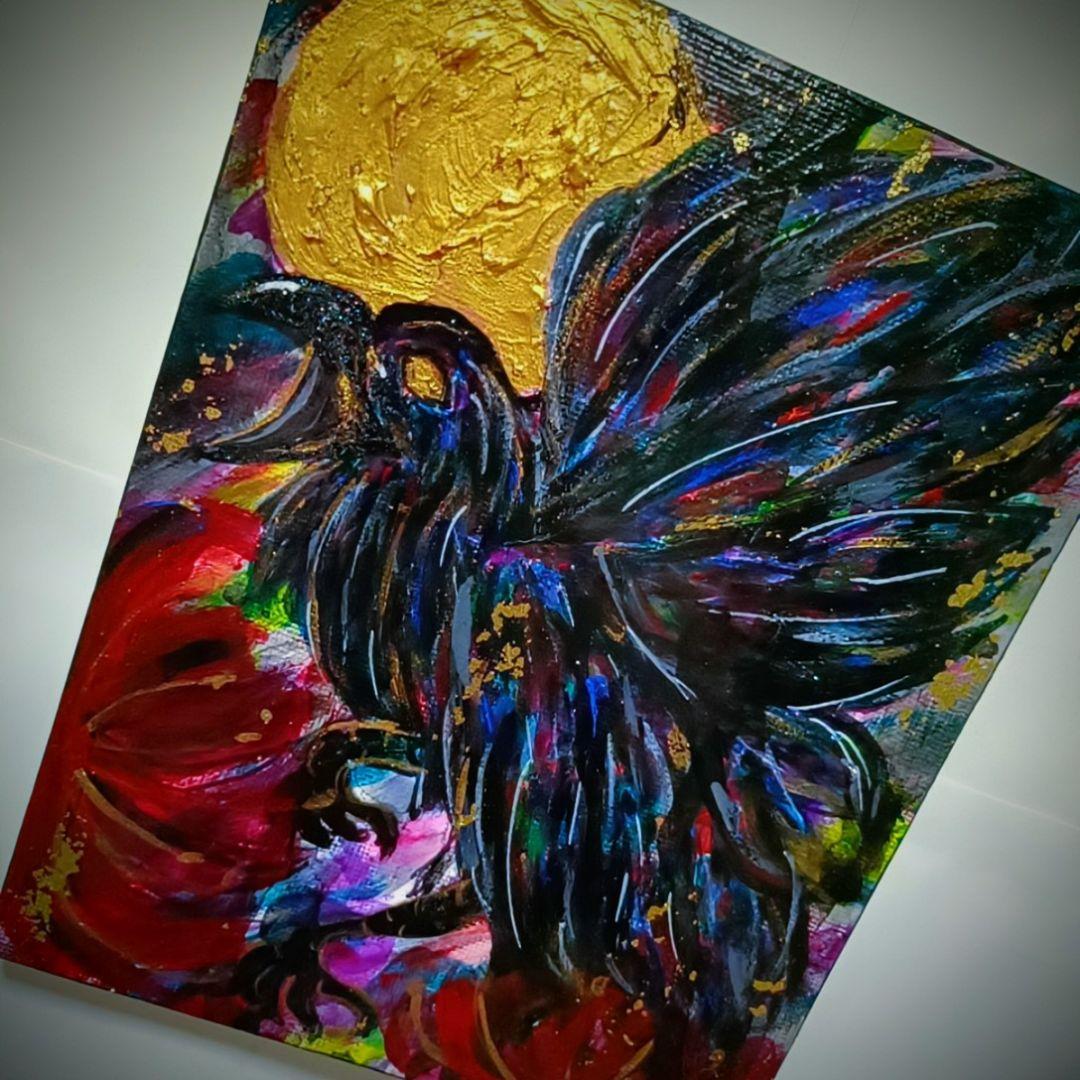 【一点物アート/F0号】八咫烏と月【現代アート/アクリル画/絵画】