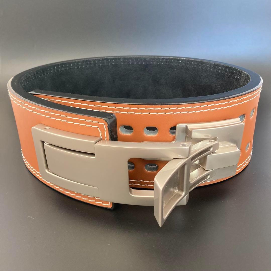 パワーリフティングベルト レバーアクション Mサイズ 本革 茶×マット銀 可変式