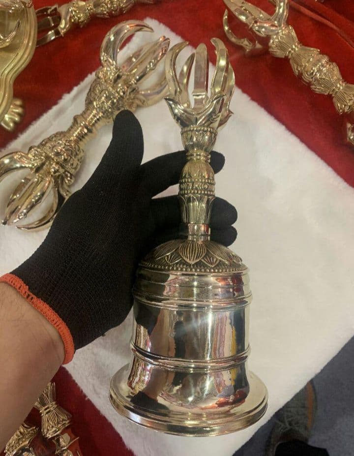 【修縁堂】チベット仏教法器鐘五鈷金剛鈴 真鍮製 密教パワー 密教法具 26cm