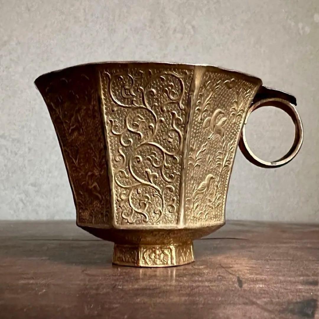 【希少】　唐時代　八角杯銅鍍金　鳥模様紋　取手付き杯　唐物　中国美術