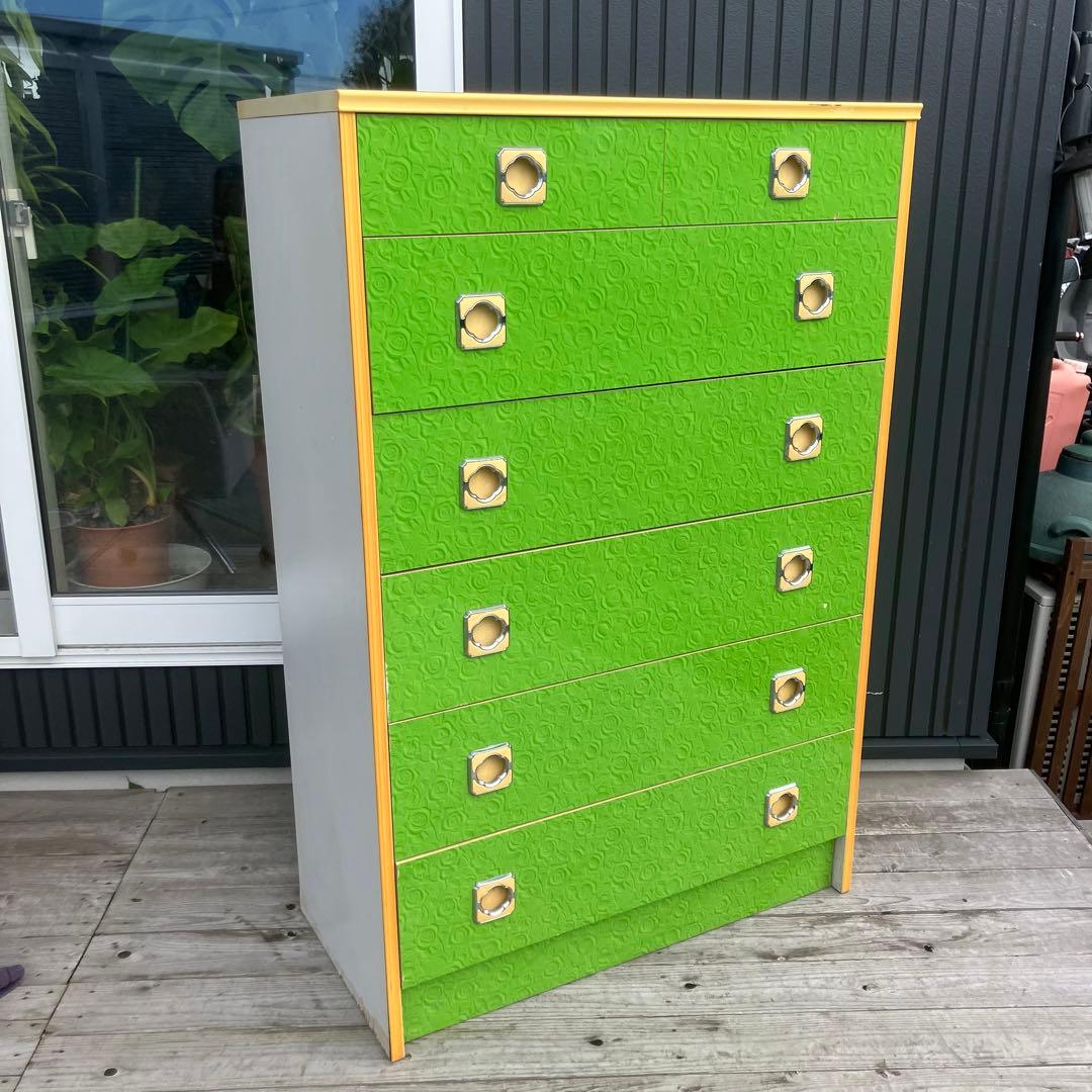 昭和レトロ 薔薇柄 花柄 木製チェスト 6段7杯 タンス 古家具 ビンテージ 緑