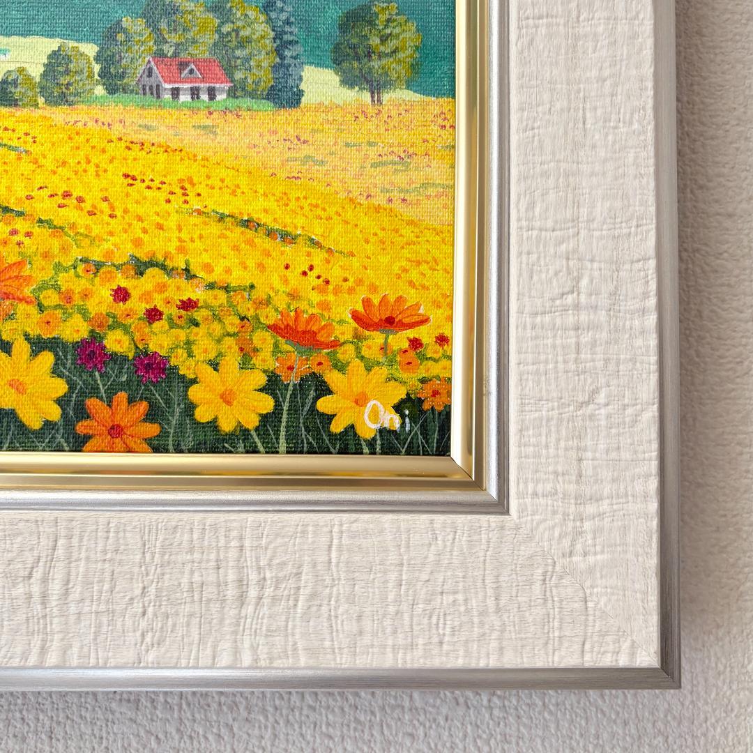 アクリル画　原画　「キバナコスモスのフィールド06」額縁付　F4サイズ　風景画