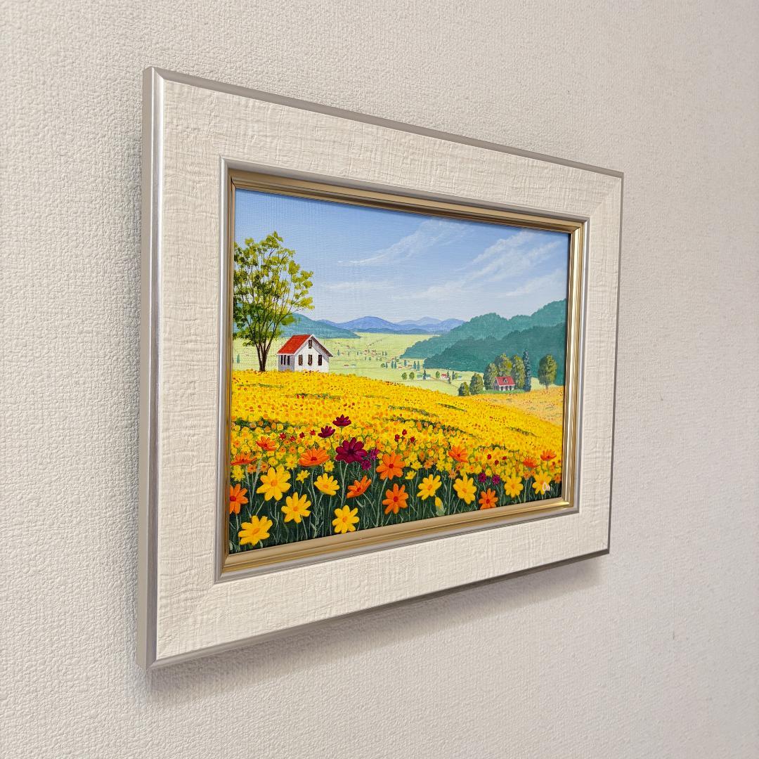 アクリル画　原画　「キバナコスモスのフィールド06」額縁付　F4サイズ　風景画