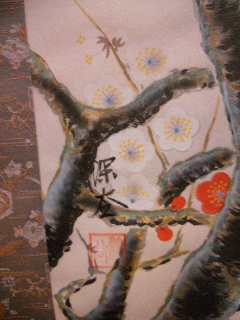 掛け軸 深谷 梅に鶯 絹本 希少 軸装 茶道具 掛軸 美品 です。