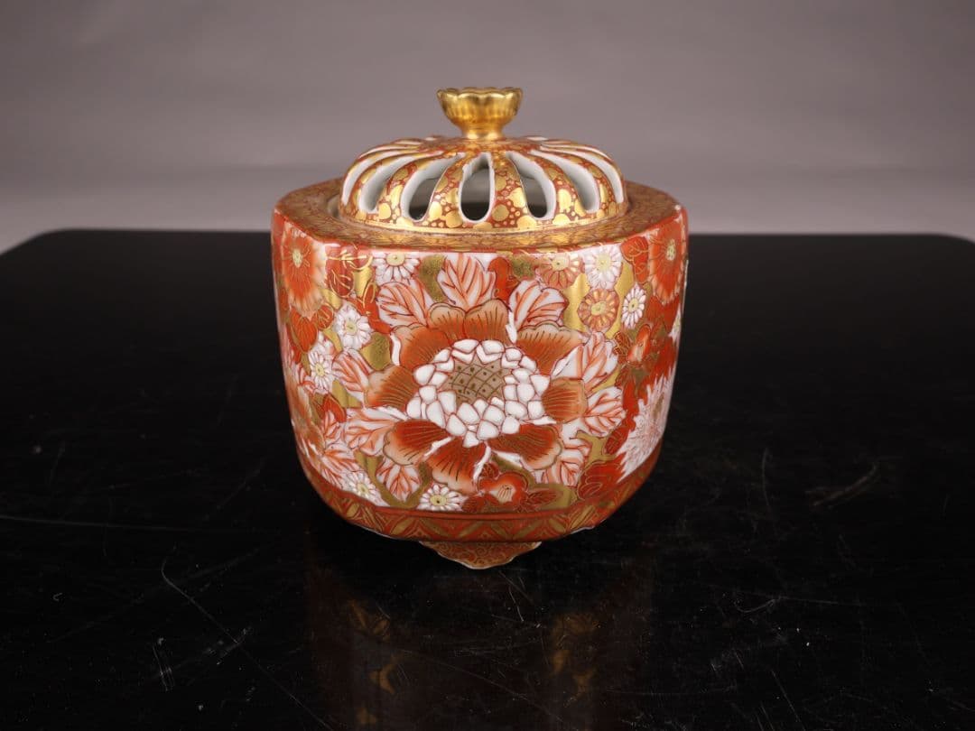 K1874 香炉 仲田錦玉作 金襴手 花詰図 九谷焼 香道具 共箱＃＃