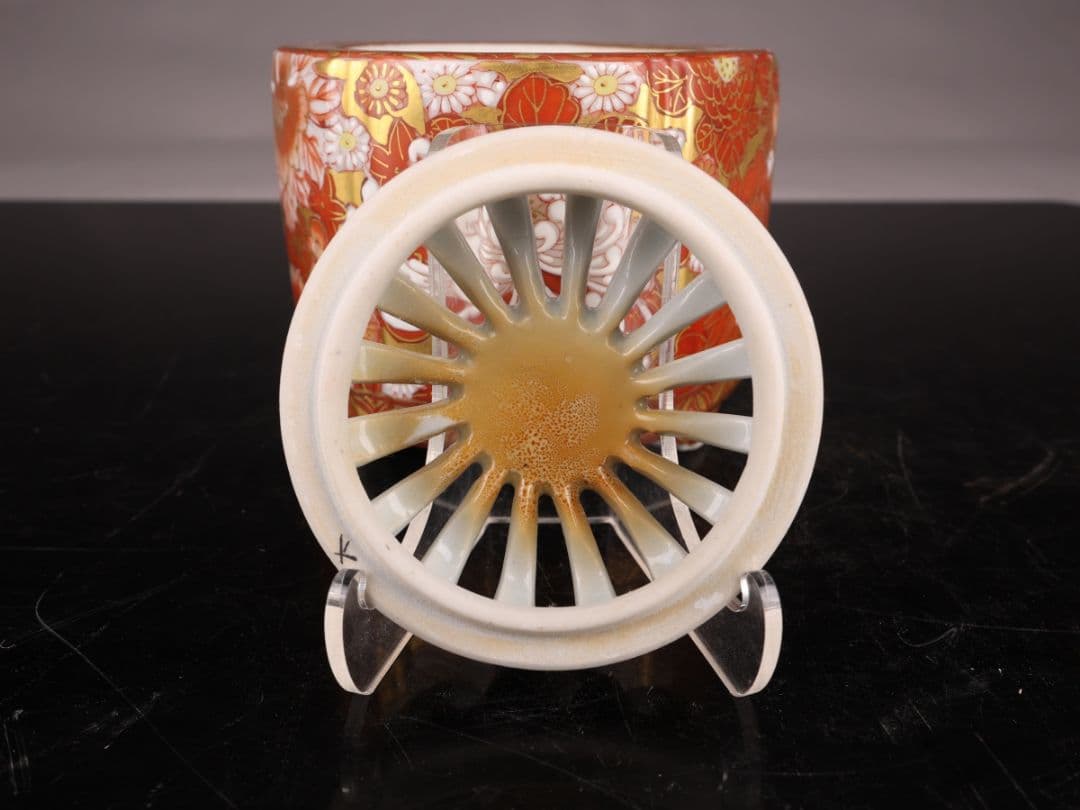 K1874 香炉 仲田錦玉作 金襴手 花詰図 九谷焼 香道具 共箱＃＃