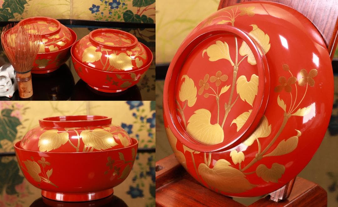 BK129　時代輪島塗　草花図金蒔絵　吸物椀　二客　木製　茶道具 懐石 菓子