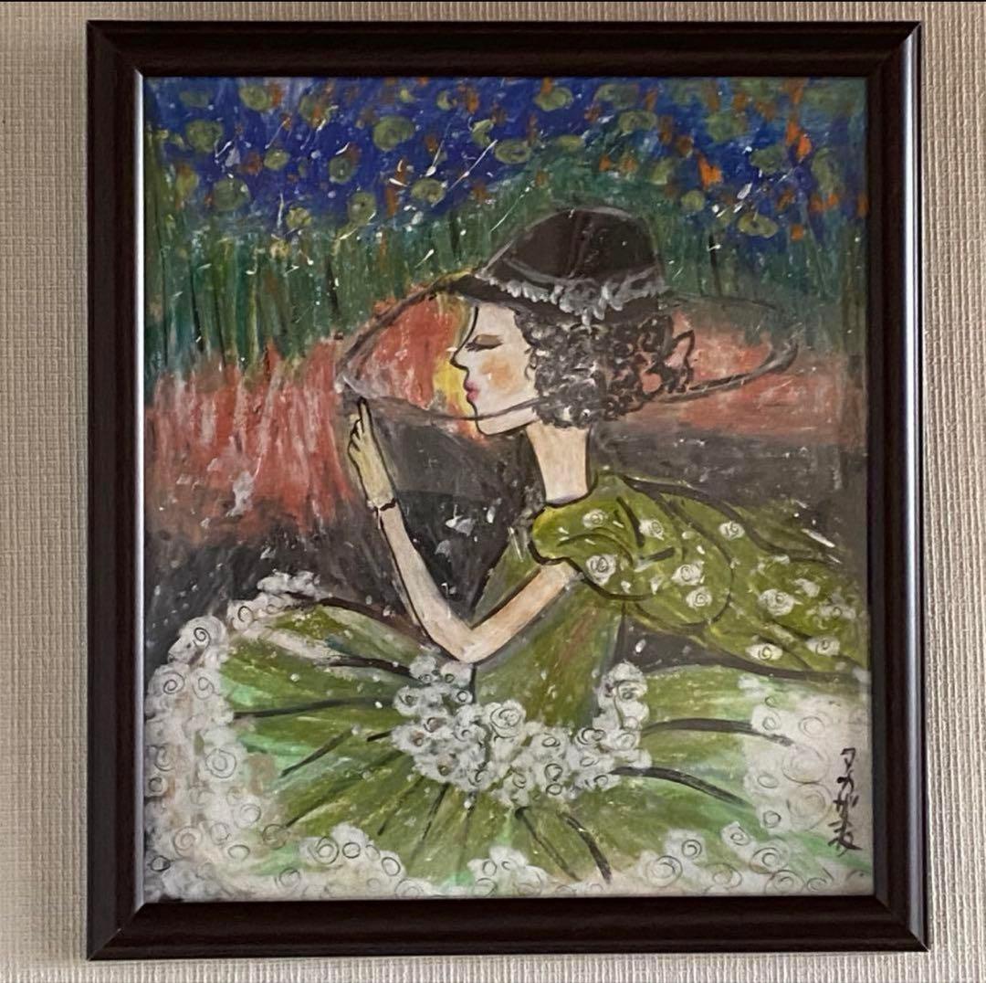 絵画 。壁掛け絵【夜光の蛍の火とピンクの花の海、緑のドレスを着た神秘的な少女】