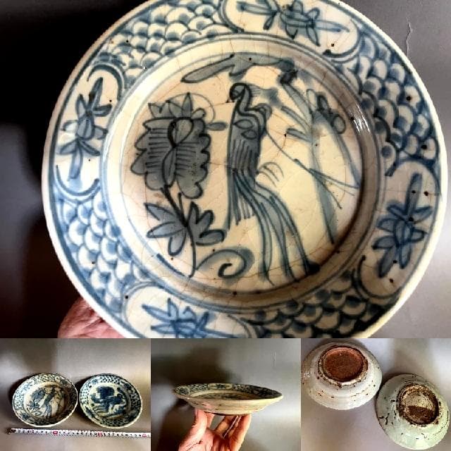 皿■呉須手 南京染付 明時代末期～清時代初期（17世紀頃）砂高台 2枚 青華■