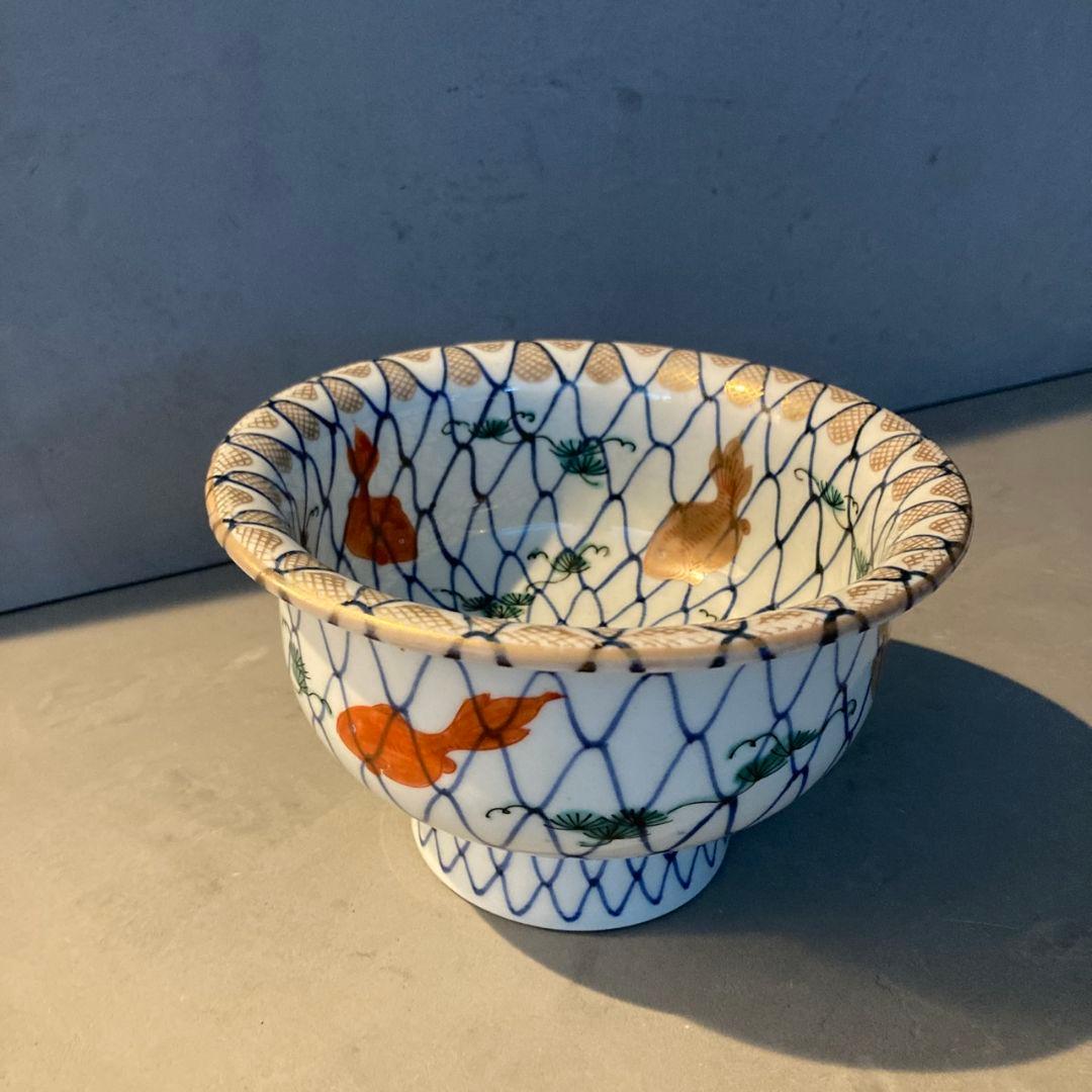 【貴重】古伊万里　染付色絵鉢　網目　金魚　金彩　茶碗　陶器　骨董品　江戸後期