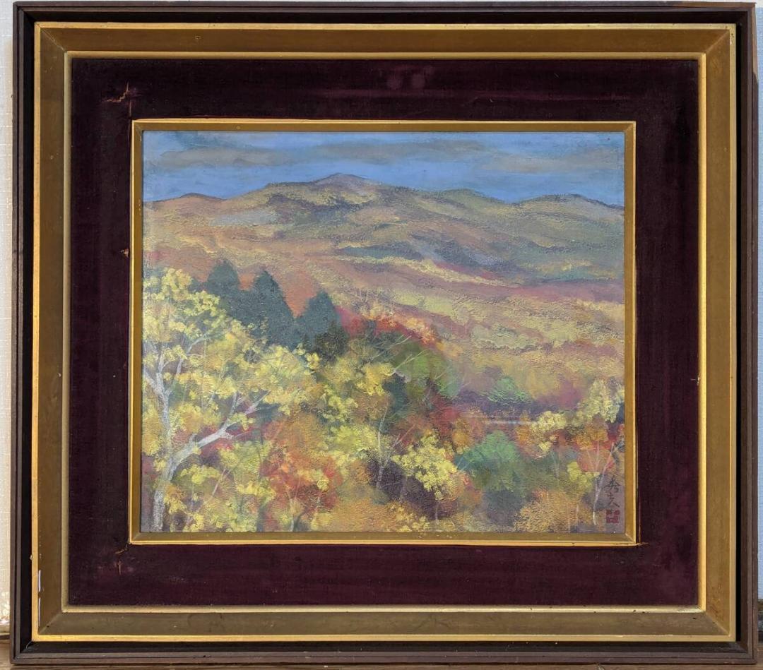 【真作】絵画　日本画8号　錦秋の山並み　紅葉風景画　秋彩の山景　Y181