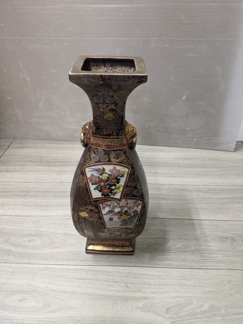 薩摩焼　飾り壷　金彩　金つぶ　山水　花鳥文　花瓶　連山　飾り耳付