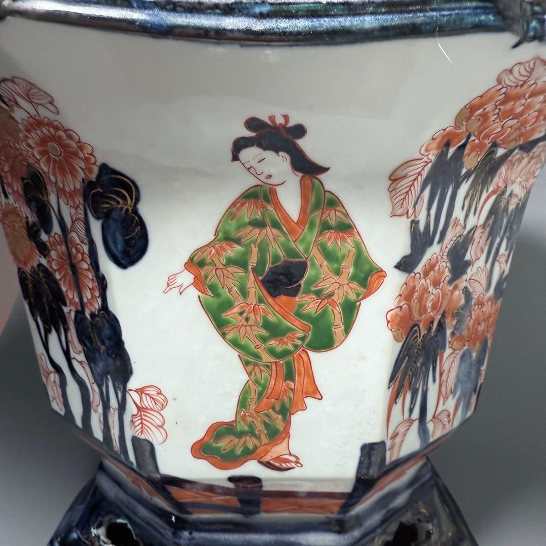 幕末〜明治期　染錦美人図大鉢　盆栽　植木鉢　高さ26cm　直径37.5cm