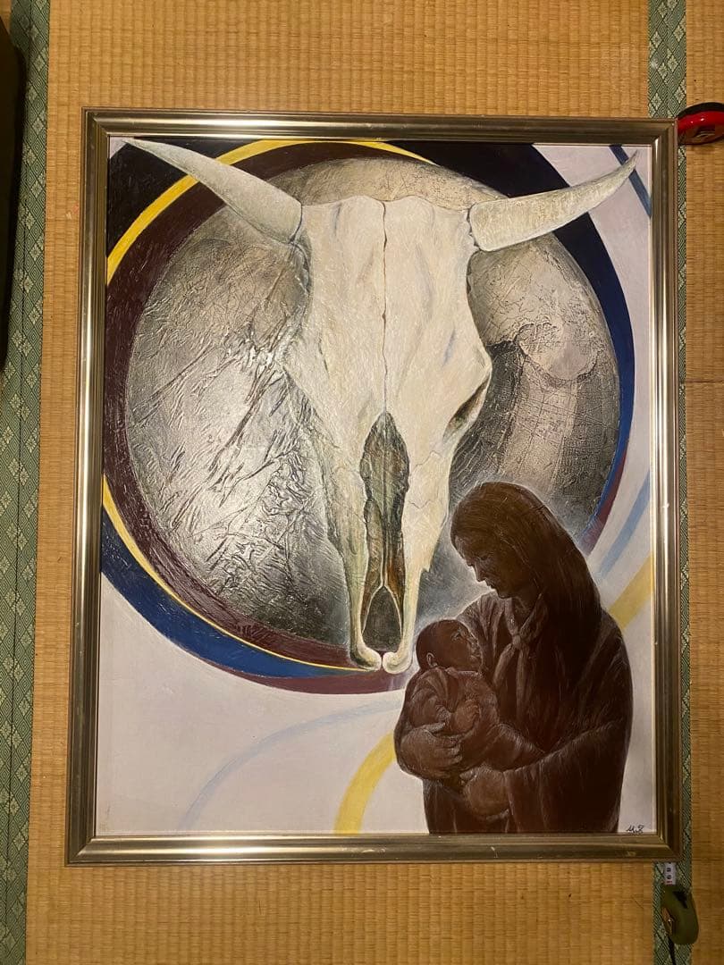 牛の頭骨と母子の油彩画 高級感あるフレーム付き 約78cm x 94cm
