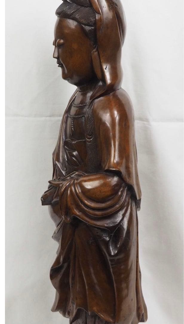 送料無料　明末～清初　龍眼木彫刻観音立像　高さ58ｃｍ